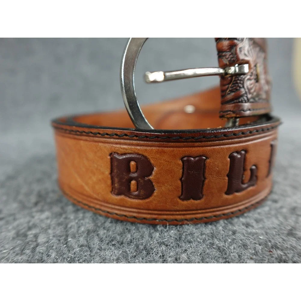 Custom‎ Leather Belt Bill Hand Tooled Western Cowboy Style Silver Buckle